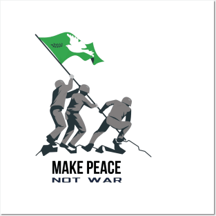 Make Peace Not War Three Soldiers Fitting White Pigeon with Green Flag On A Mountain Posters and Art